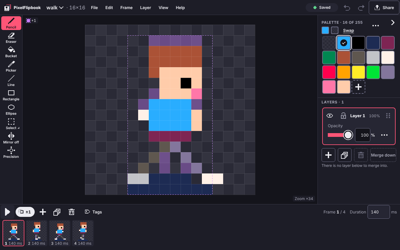 The PixelFlipbook editor on a desktop: tools on the left, the walking character on the canvas, the palette on the right and four frame thumbnails in the timeline at the bottom. On narrow screens this shows a close-up of the canvas.