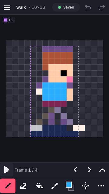 The PixelFlipbook editor on a phone showing a pixel-art character on the canvas, with the tool bar and colour swatch at the bottom