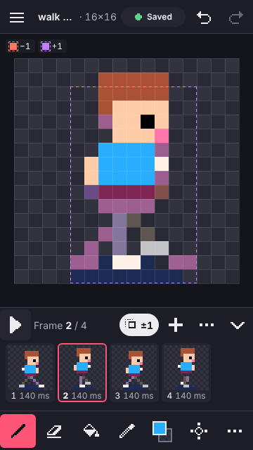 The phone editor on frame 2 of 4 with the timeline open and onion-skin ghosts of the neighbouring frames on the canvas
