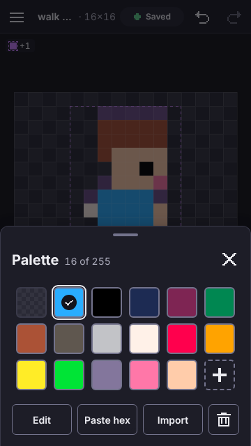 The colour sheet open on a phone: a grid of sixteen palette swatches with the selected one outlined and marked with a check