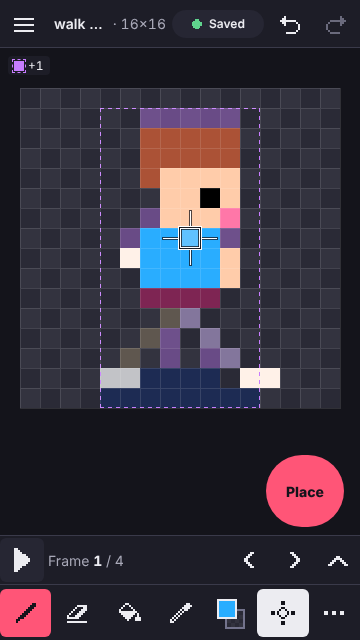 The editor in precision mode: a crosshair sits on a pixel of the character and a round Place button is at the lower right