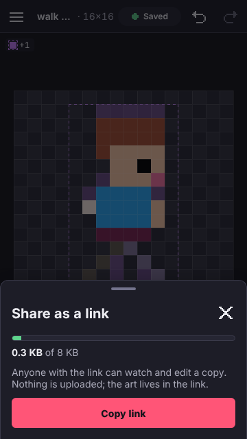 The Share as a link sheet on a phone: a size bar reading 0.3 KB of 8 KB, a note that nothing is uploaded, the link and a Copy link button